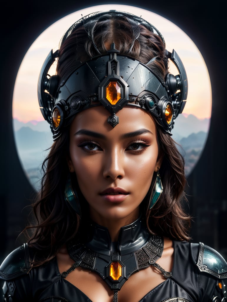 A tan skin moroccan female all black sleek futuristic outfit, with huge headpiece center piece, clean makeup, with depth of field, fantastical edgy and regal themed outfit, captured in vivid colors, embodying the essence of fantasy, minimalist