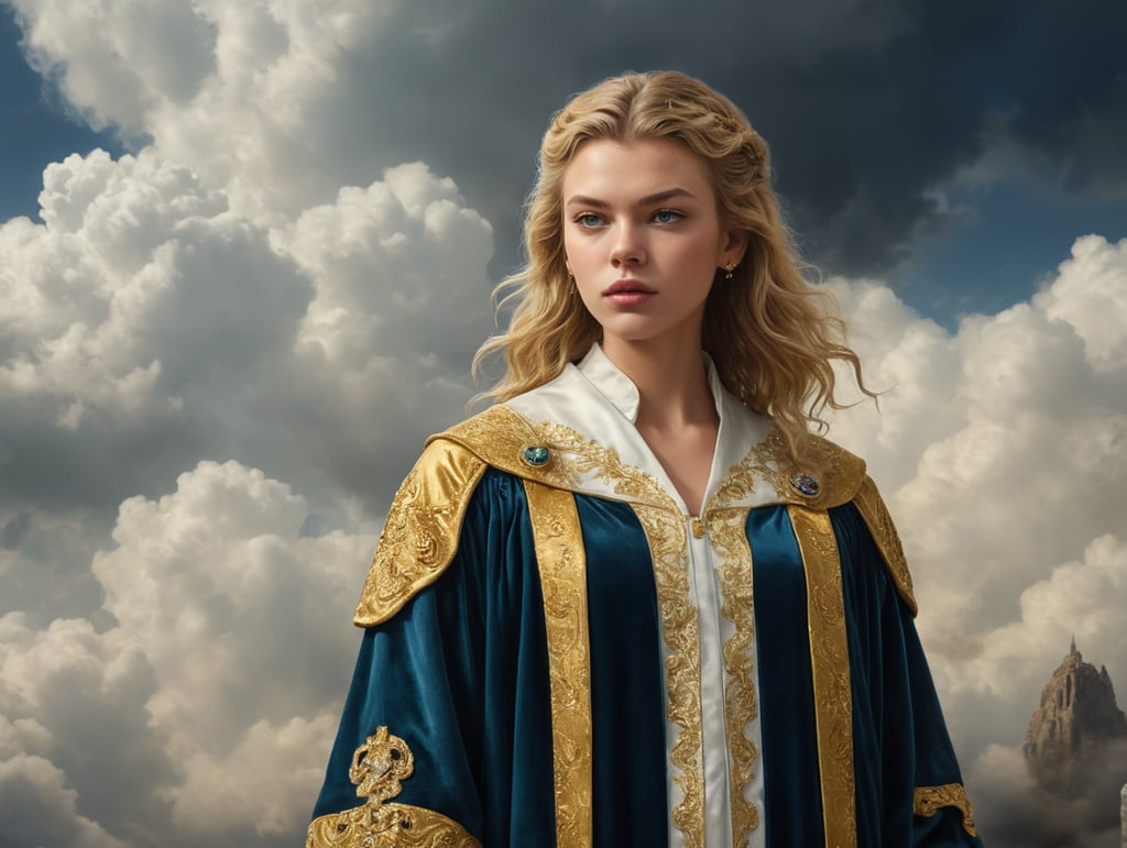 stella maxwell in graduation gown made of velvet visiting an elder in a shire white and gold marble background with clouds