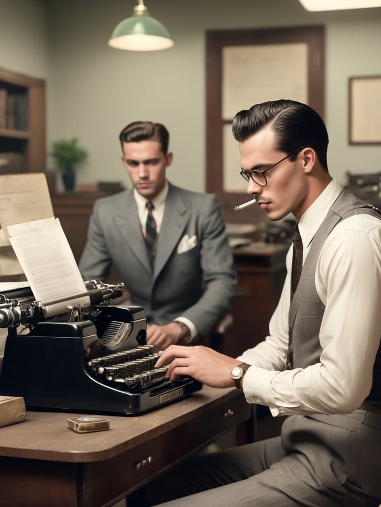 Hollywood 1940's, a young man, smoking a cigarette, is typing on a vintage typewriter in an office,