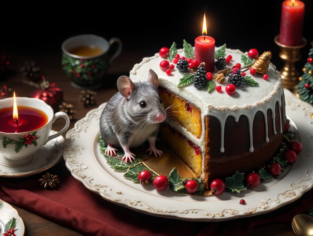 Mouse sitting on a christmas cake with icing the mouse is eating a berry, there is a burning candle and tea in an antique cup the cake is placed on an antique christmas plate in the background is a christmas tree out of focus