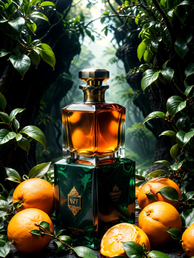 professional photography of a luxury perfume, orange fruits around, orange forest, green satin scarf, no label, clear, mockup