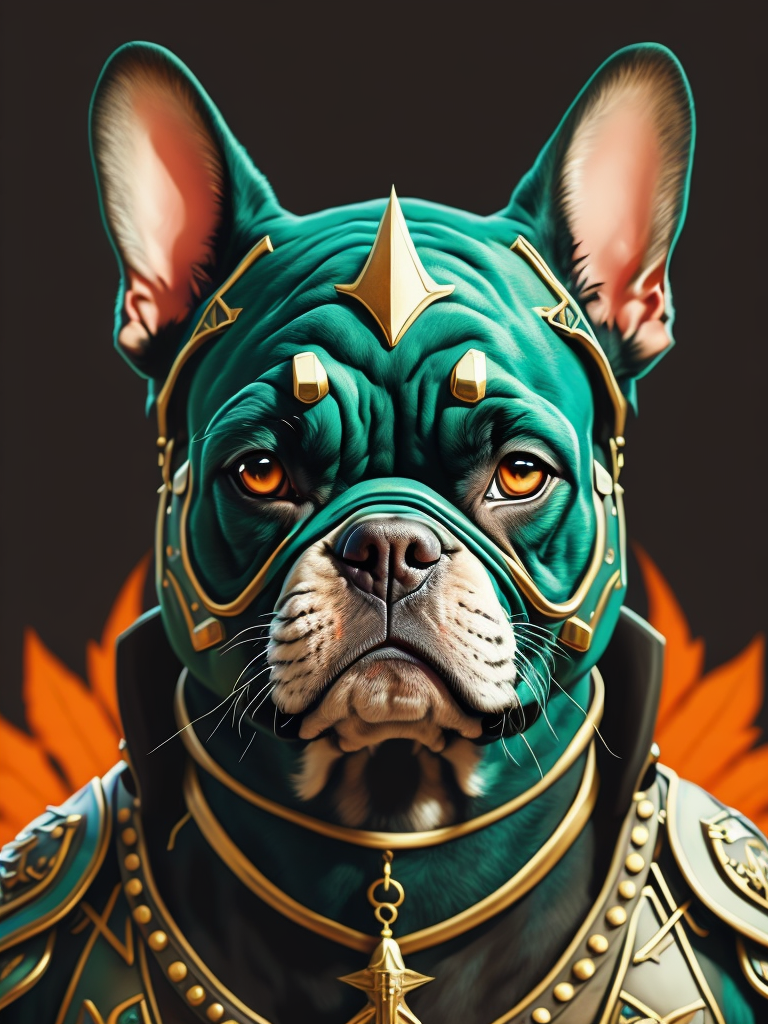 color, 8k, 4k, high resolution,Beautiful green french-bulldog Viking warrior on a field, digital art, attractive, beautiful, intricate details, detailed face, hyper-detailed closed eyes,zorro eye mask, artstation, ambient light