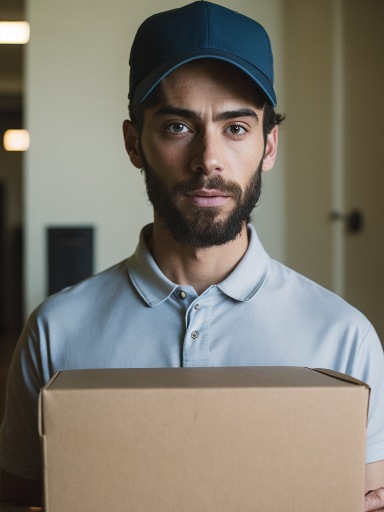 portrait of a delivery man, wearing a white cap and white t-shirt, holding a box