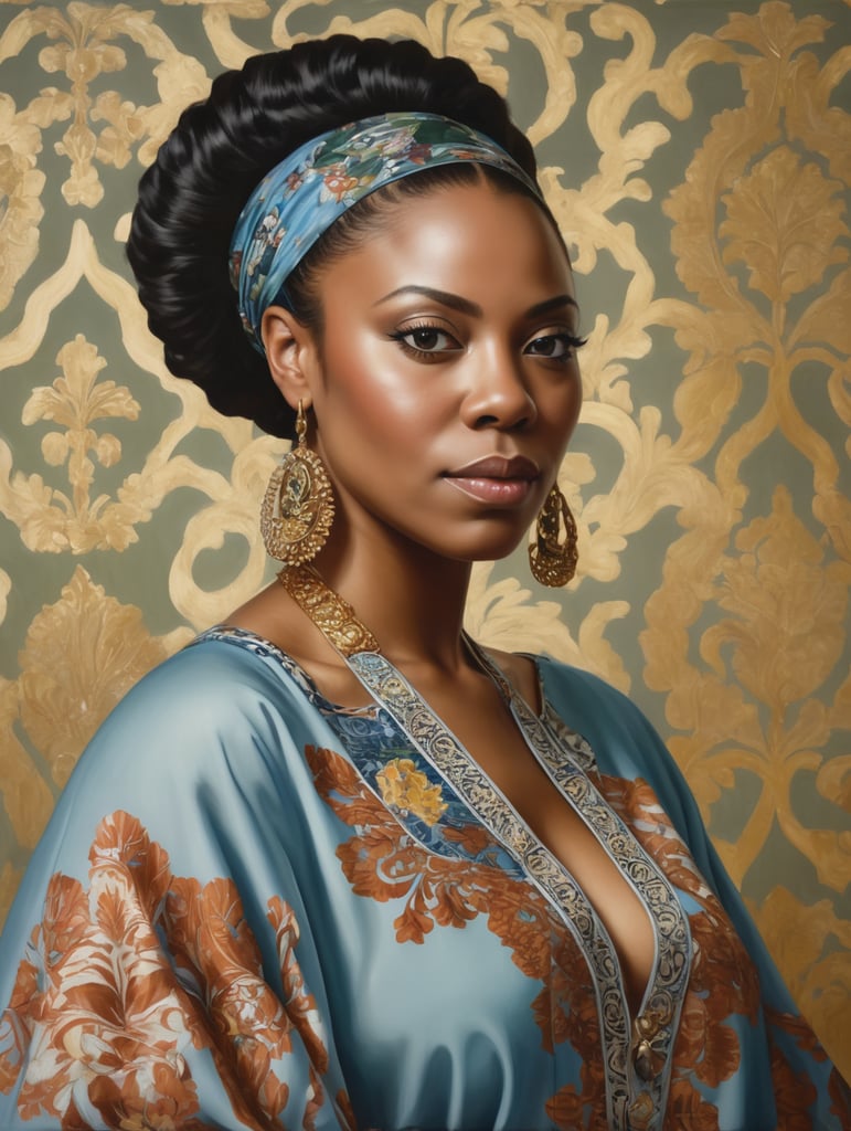 Portrait of a black woman wearing a kaftan with a pattern, Painting, Oil, Portrait, style of Kehinde Wiley