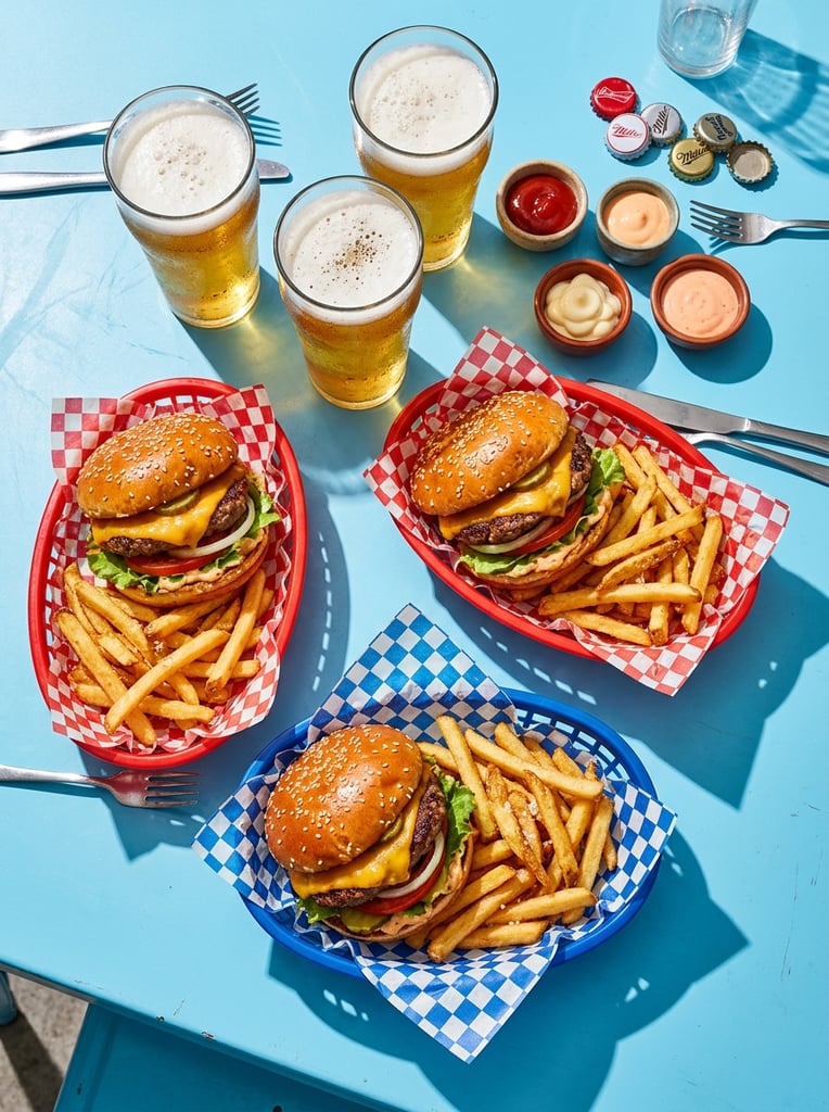 An overhead arrangement of three thick cheeseburgers and crispy french fries served in plastic diner baskets lined with striking red-and-white and blue-and-white checkered paper. The meal rests on a solid bright light-blue surface alongside three tall glasses of golden beer with frothy white heads. Small ceramic ramekins hold vivid dollops of ketchup, mayonnaise, and pink dipping sauce near scattered metal bottle caps. Hard, direct lighting casts sharp, deep diagonal shadows across the composition, creating a vibrant, high-saturation commercial food photography style that emphasizes the rich textures of toasted buns, fresh lettuce, and melted cheese against the punchy pastel background.