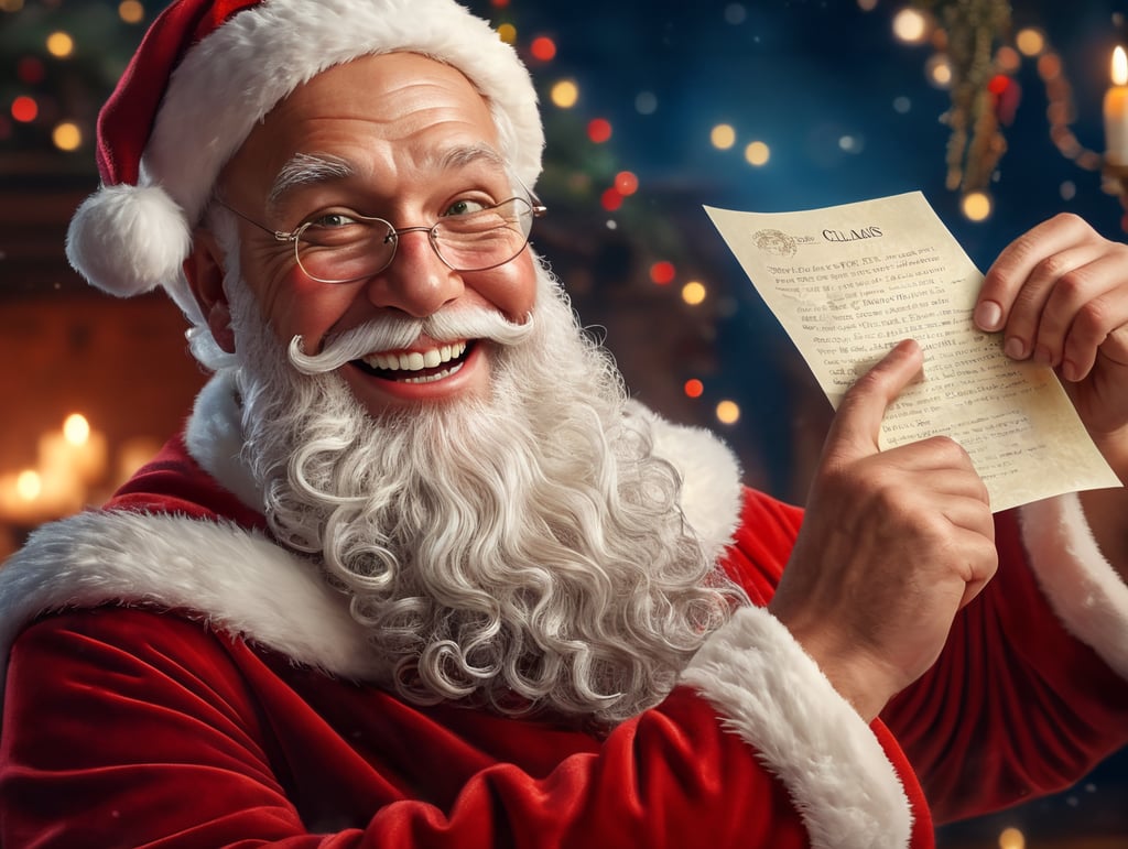 Portrait of Santa Claus smiling, one tooth missing, holding a letter, whimsical facial expression, flowing white beard, jolly caricature, saturated colors, red outfit, sharp focus, portrait photography, depth of field, dramatic candlelit lighting, incredibly high detailed, blue background, blurred background,