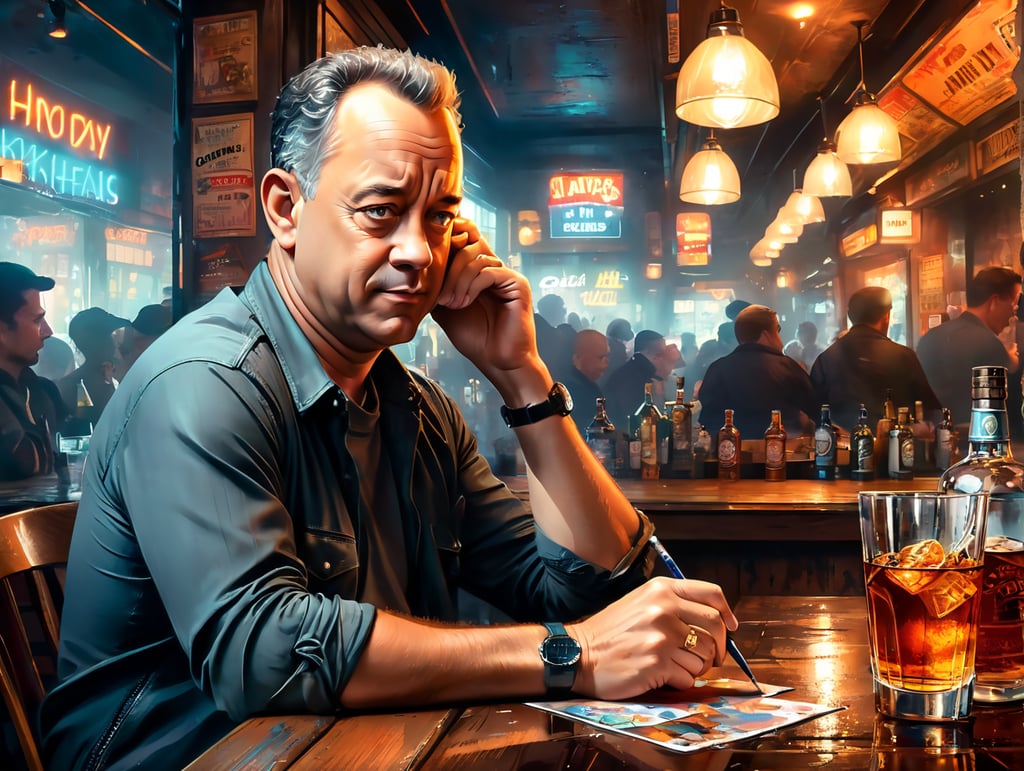 tom hanks down on his luck in a sleazy bar drinking scotch