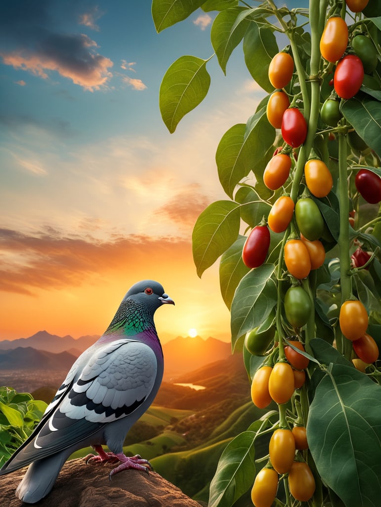 Fresh pigeon pea or tuvar beans vegetable on plant, unsharp background with sunset vibrant colors nature art scenic horizon mountain range skyline views artistic beauty colorful scenery nature photography sunset inspiration. (((pigon pea or tuvar beans vegetable on plant))) photoreal: 1.4, lifelike,highly detailed CG unified 8K backgrounds,looking at the viewer, (HQ skin:1.4), 8k uhd, dslr,(((Fresh pigeon pea or tuvar beans vegetable on plant)))