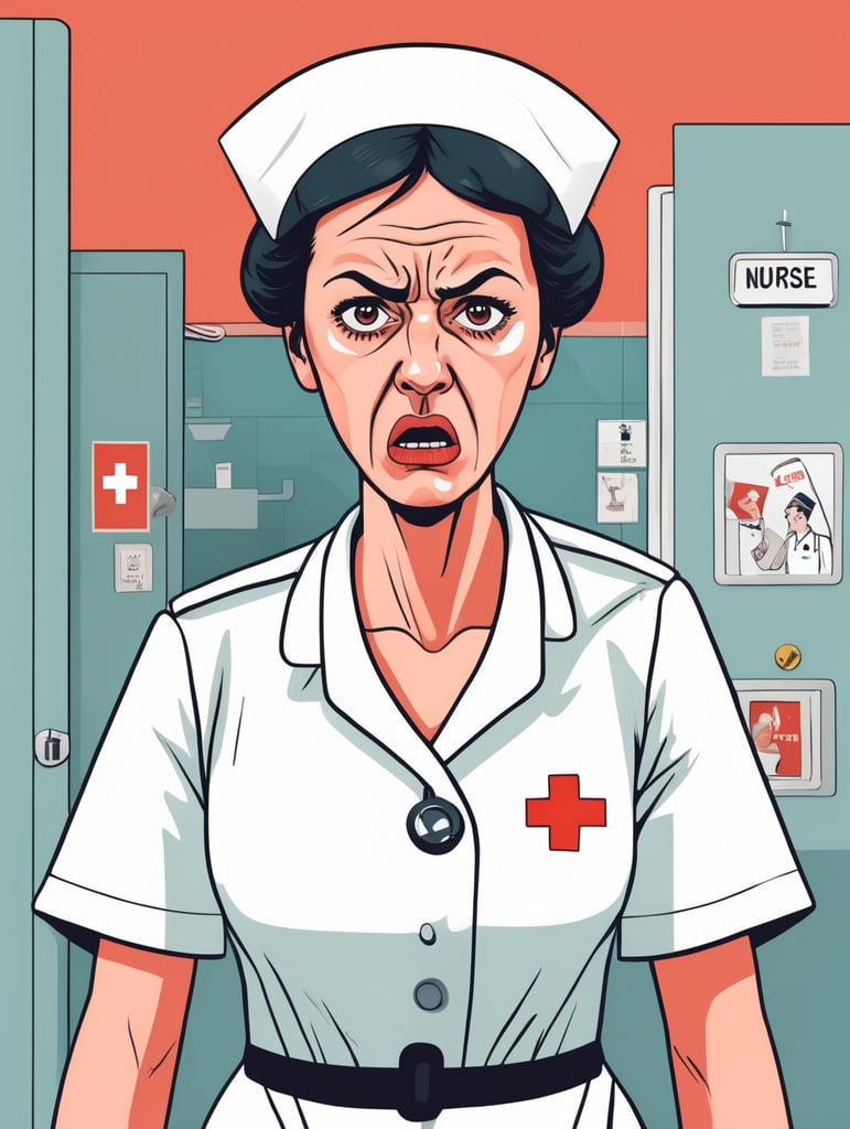 an angry nurse, Illustration, Flat Style, France, style of Jean Jullien