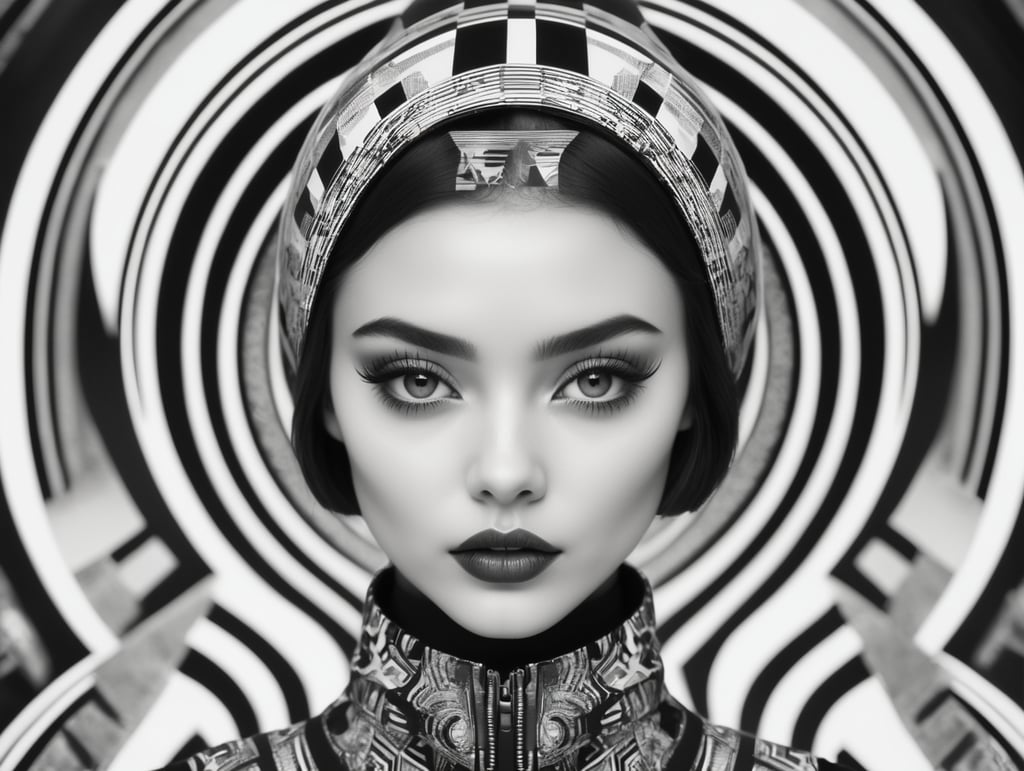 Cute girl model, retro futurist of high fashion, made in symmetrical black and white psychedelic style, black and white beauty, optical illusion, glitch art, flirty, shot on Canon