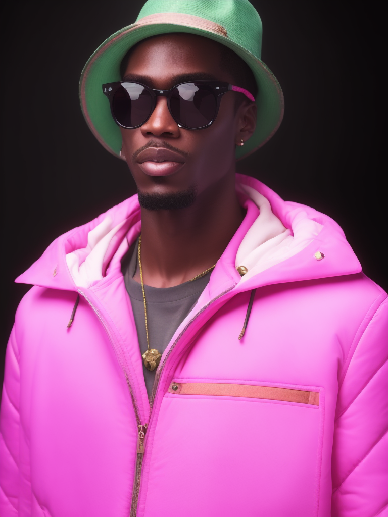 Black male fashion model, Wearing a pink jacket and a green panama hat, large black sunglasses, Black background, Bright and rich colors, bright saturated color, sharp focus,