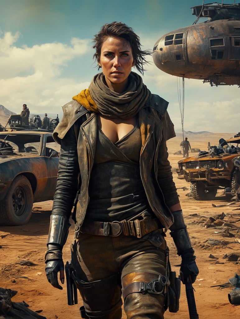 MAN protagonist dystopian theme mad max style wes anderson reference female lead character post apocalyptic setting retro futuristic bold color palette action packed scene visual storytelling
