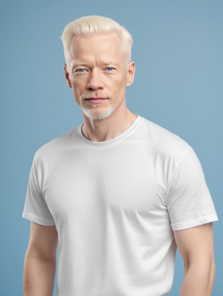 A middle-aged albino man wearing a white T-shirt, Contrasting studio light, isolated, blue background, mockup, mock up