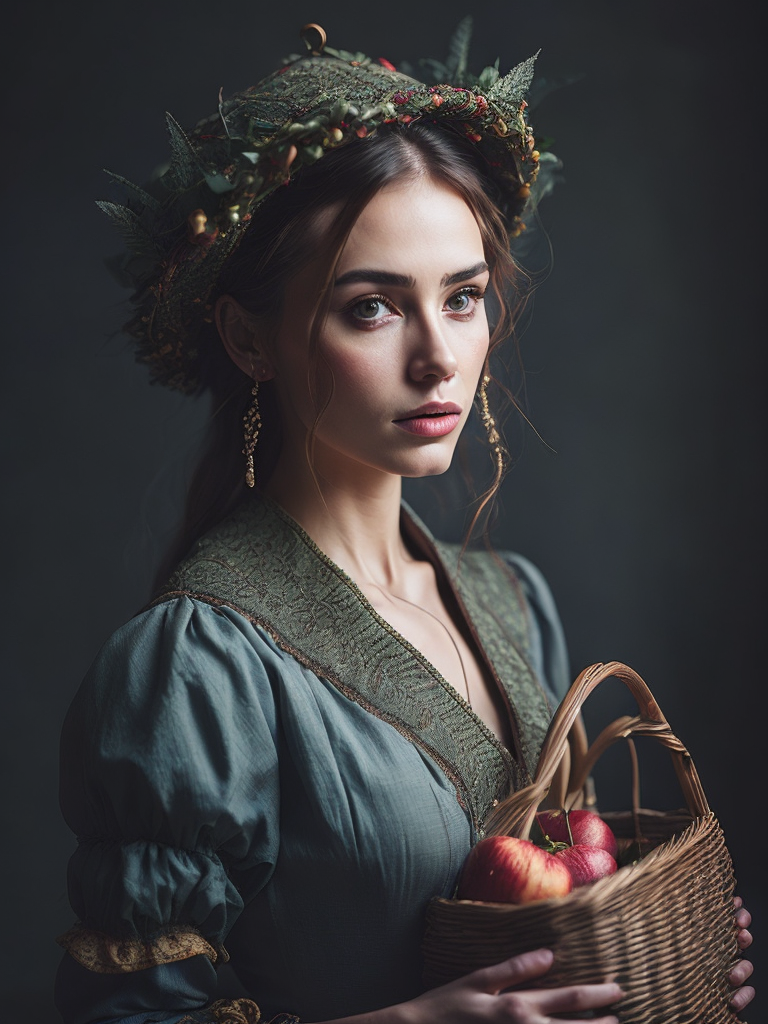 Portrait of a Beautiful women from Russian fairy tale wearing traditional costume holds wicker basket with apple