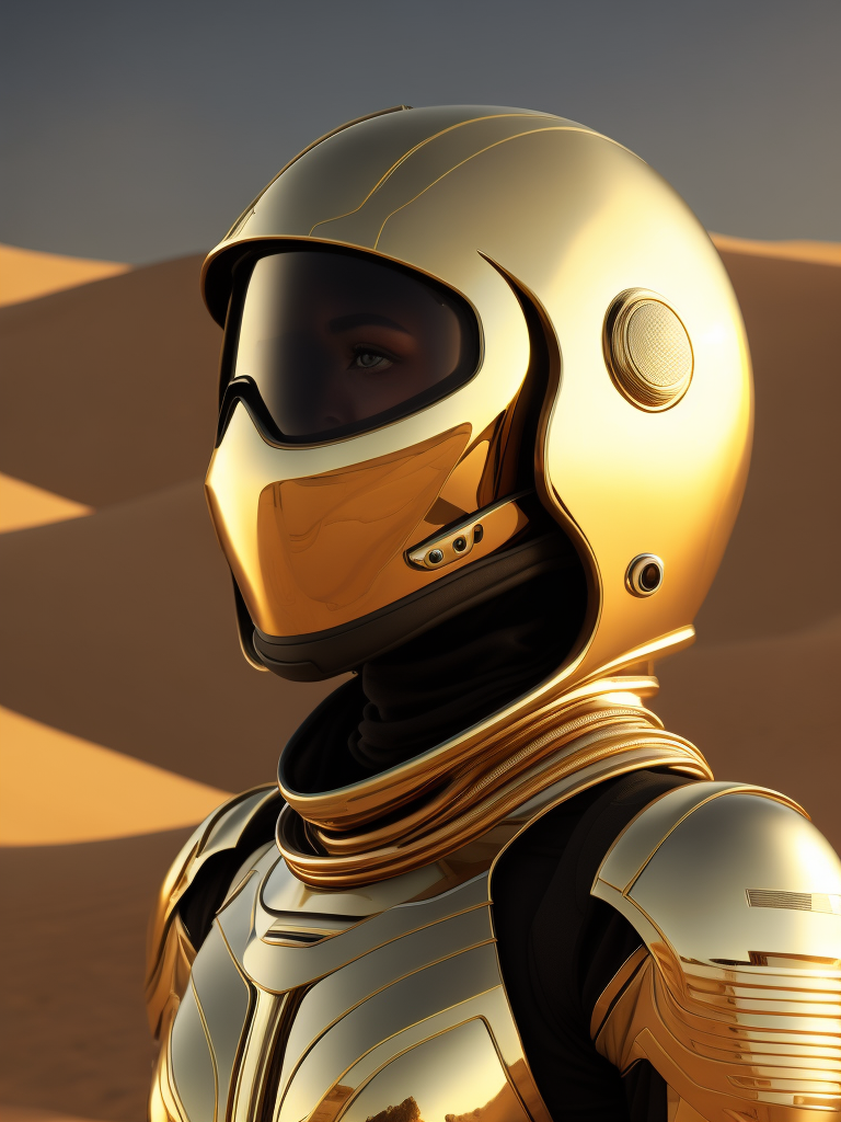 Cyber girl wearing gold chrome helmet, shining reflections, walking in the desert, photorealistic, hyper-detailed, dune atmosphere