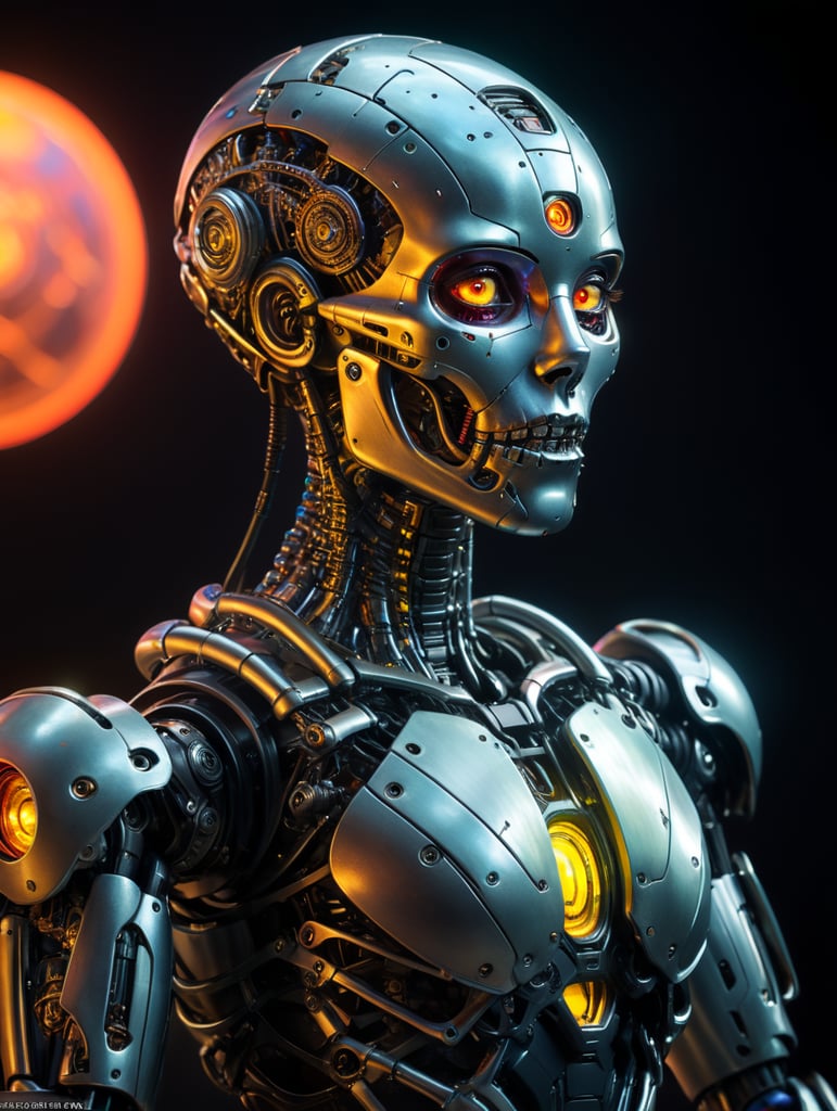 humanoid female model portrait, beautiful, full body pose, skeletal robot, hyperrealistic scene, spotlight, masterpiece, avantgarde, neon colors, full body pose, sci-fi, futuristic otherworldly planet scape, robot humanoids