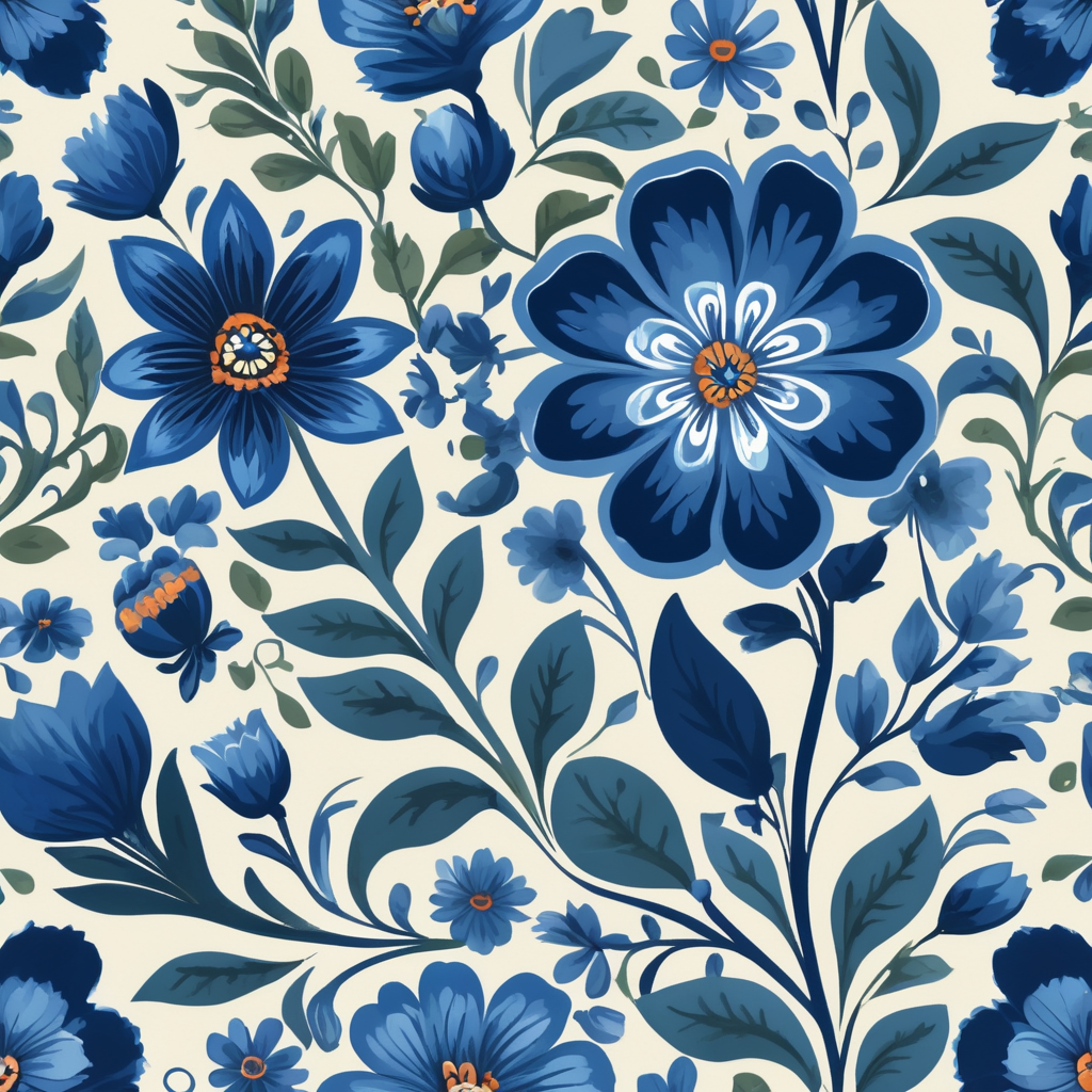 Seamless pattern beautiful floral pattern with blue flowers in the background, in the style of polish folklore motifs, juliana nan, mexican folklore - inspired, tivadar csontváry kosztka, clara peeters, texture exploration, blue color scheme, blue pallete, amoled, 264k render HD