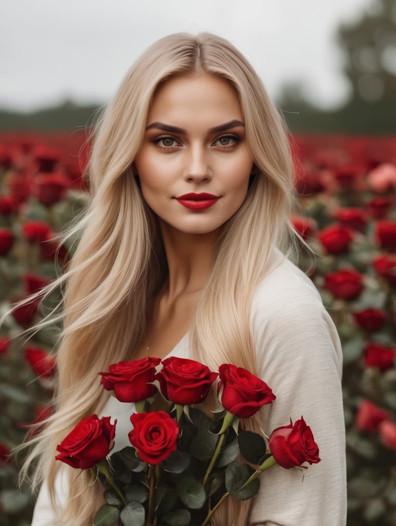 Swedish blonde woman should long hair , brown eyes holding a bunch of red roses