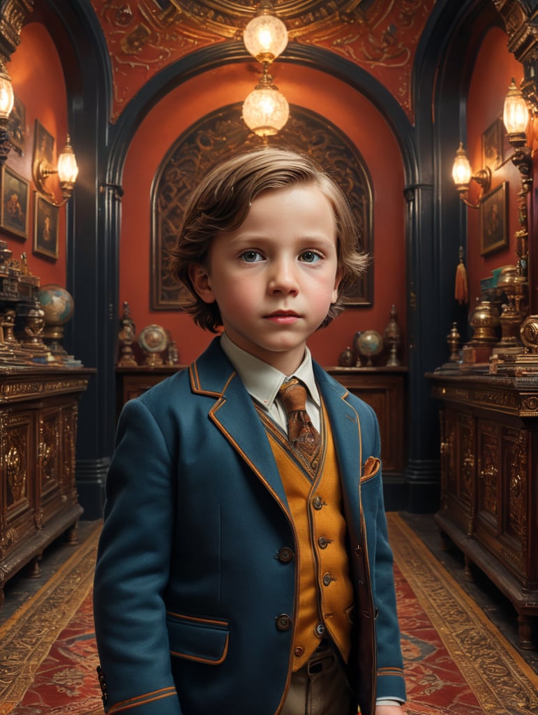 Portrait of a child, three quarters lenght, Wes Anderson style background, bright colors, very detialed