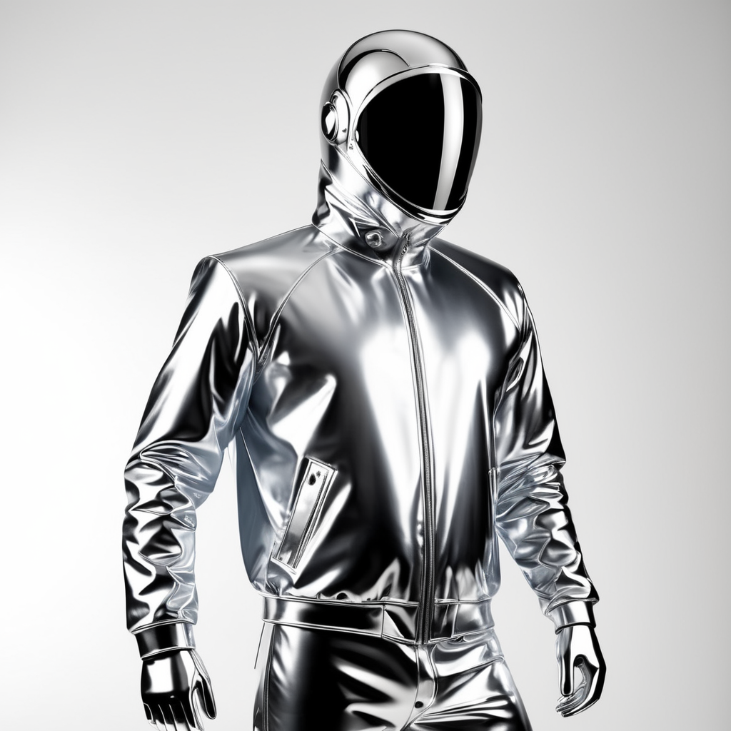 A realistic photo of a chrome shiny jacket on a invisible mannequin, coverall with reflective material, isolated, white background