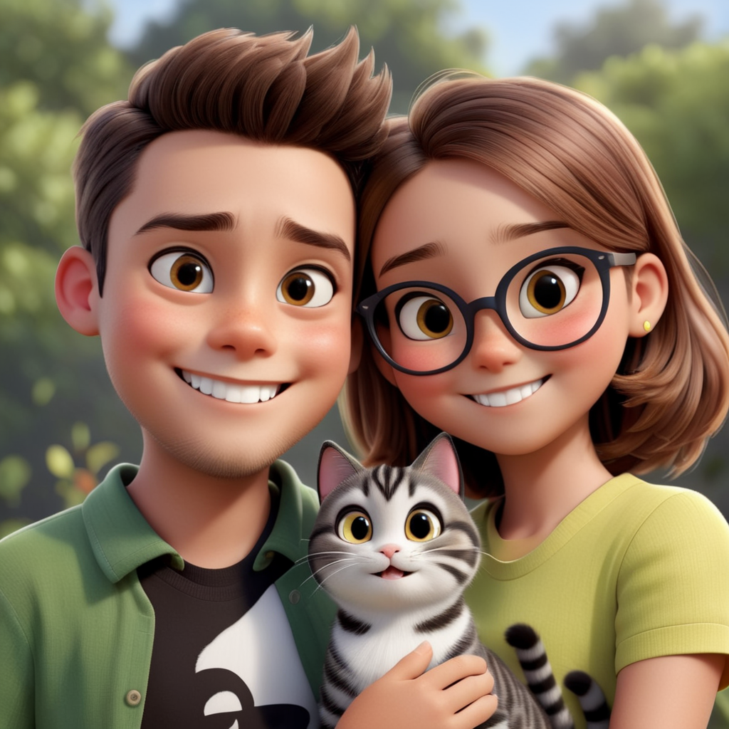 Dark brown tabby cat, black and white cat, boy, girl, smooth face, smile, stubble