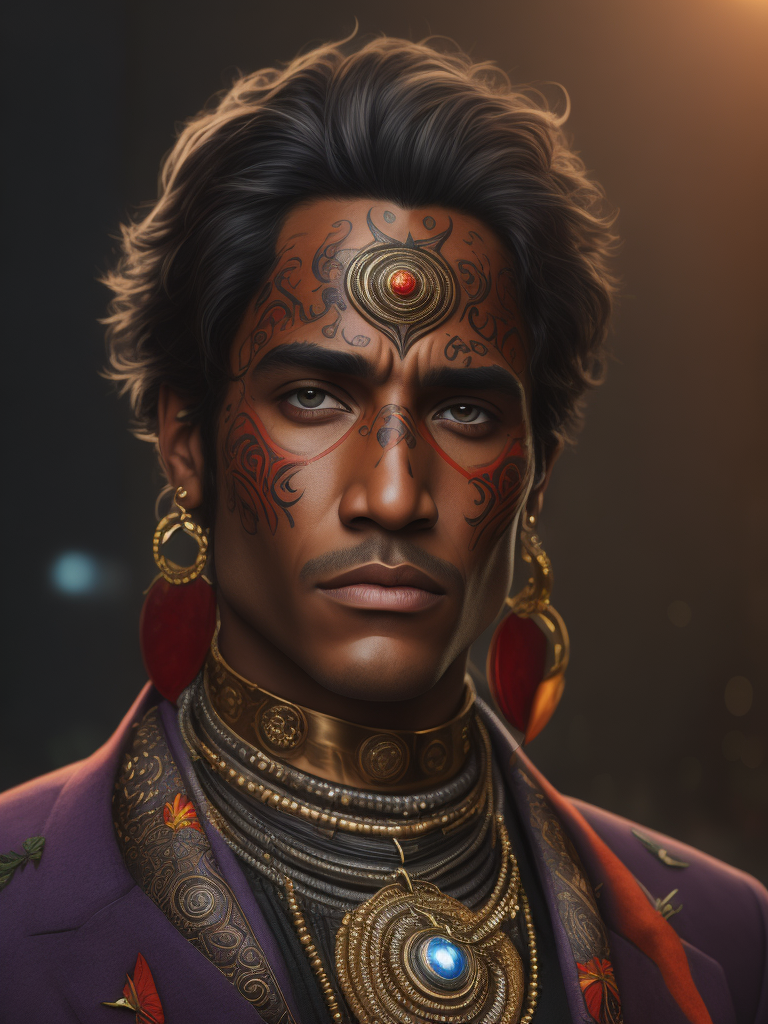 Portrait of a handsome indigenous male gang member, tattoo of a red bear on his chest, bright and saturated colors, elegant, highly detailed, vogue, fashion magazine, sharp focus, bright expressive makeup, dramatic lighting, depth of field, incredibly high detailed, blurred background
