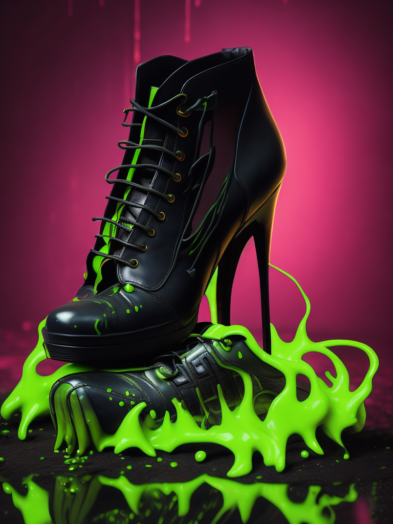 realistic photo of shoes make from dark slime, venom, sci-fi, alien, deep atmosphere, dark, saturation, vibrance, sharp on details