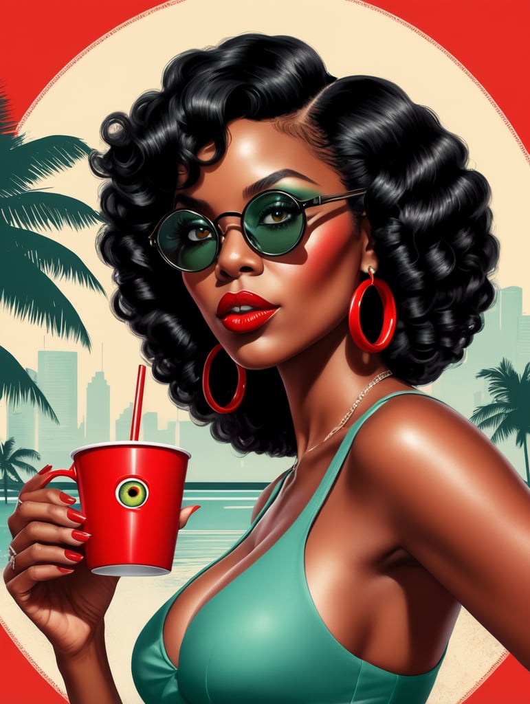 Miami black woman holding a red cup eye-catching poster-style drawing and illustration representing the iconic pulp style.