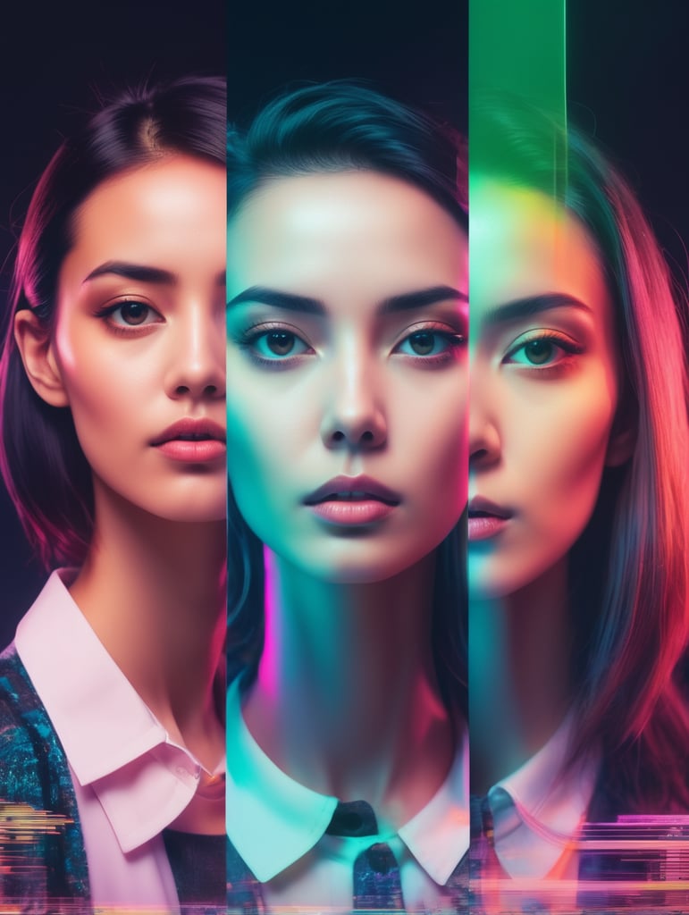 Shifting spectra, mixed multimedia portrait photography in retro-glitch art style, distorted graphics, spectacular neon lighting, additional contrast, cinematic risograph on three panels