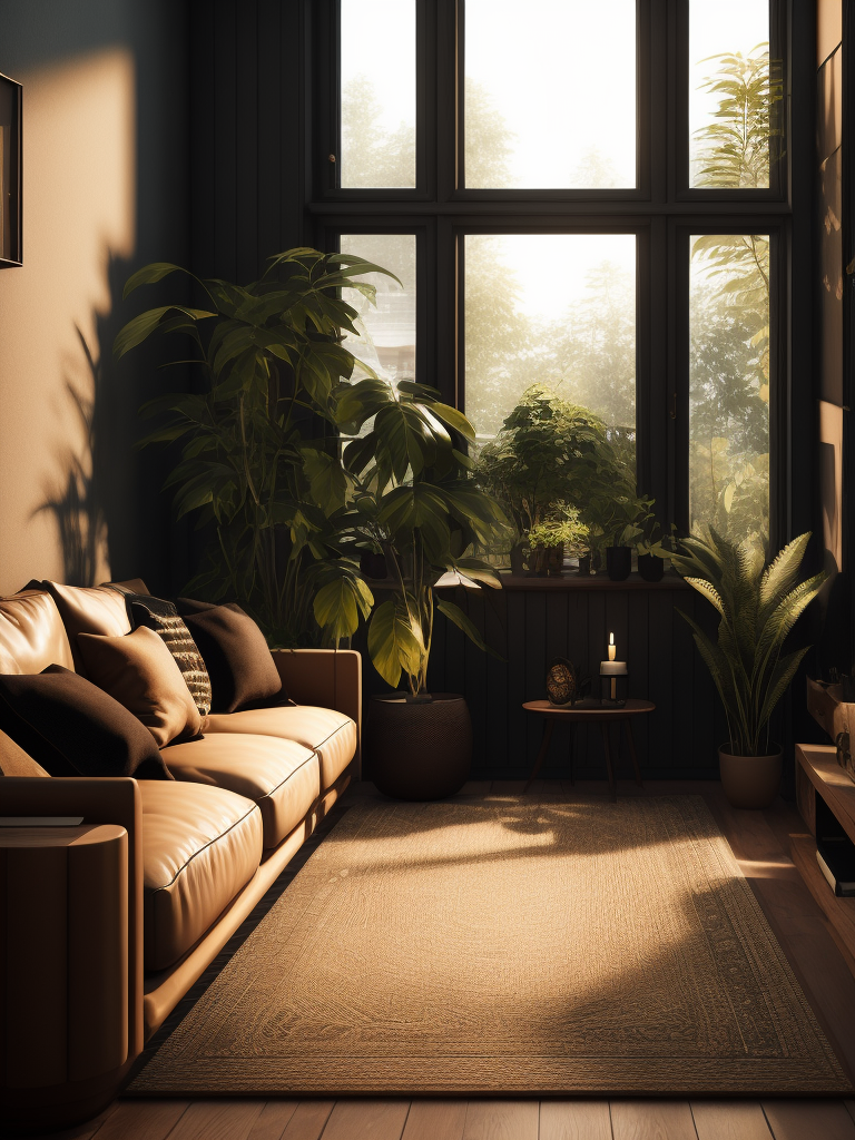 A primitive interior design style for modern times, Living room, Minimalist House Sweden, light colors, sunshine, green plants, with earthy finishes and cozy detailing throughout, candle lit evening time