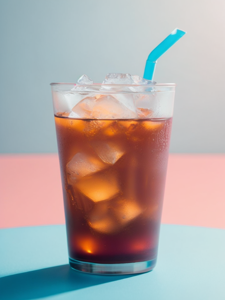 Glass with cold brew coffee and ice and a straw, pink-blue background, sharp on details