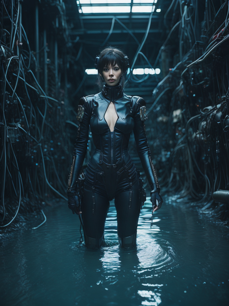 woman, ghost in the shell style, black covered suit lying water tank plugin cables complicated mechanical parts cyberpunk style intricate details robotic arms