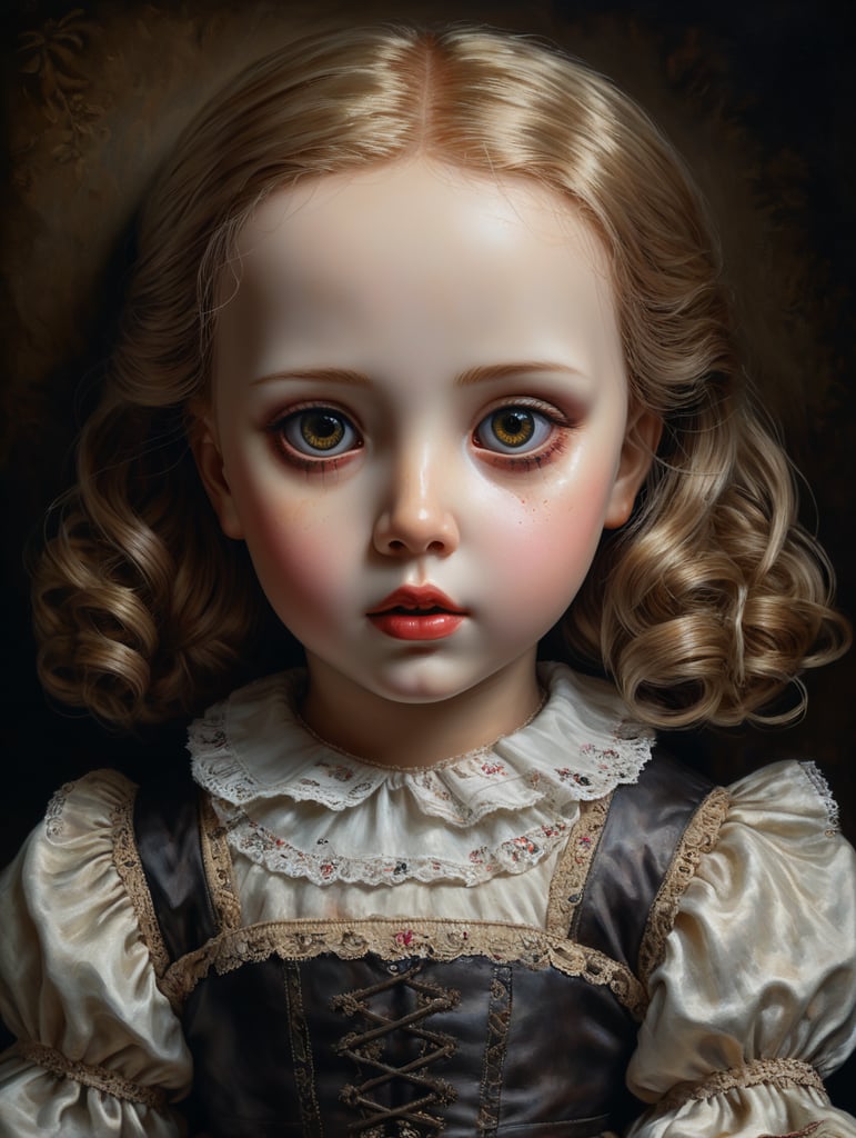 A haunting oil painting featuring a porcelain doll-like figure with delicate, porcelain skin and a serene expression, but with unsettling elements such as stitched seams and dark, hollow eyes, juxtaposing beauty with an eerie sense of unease.
