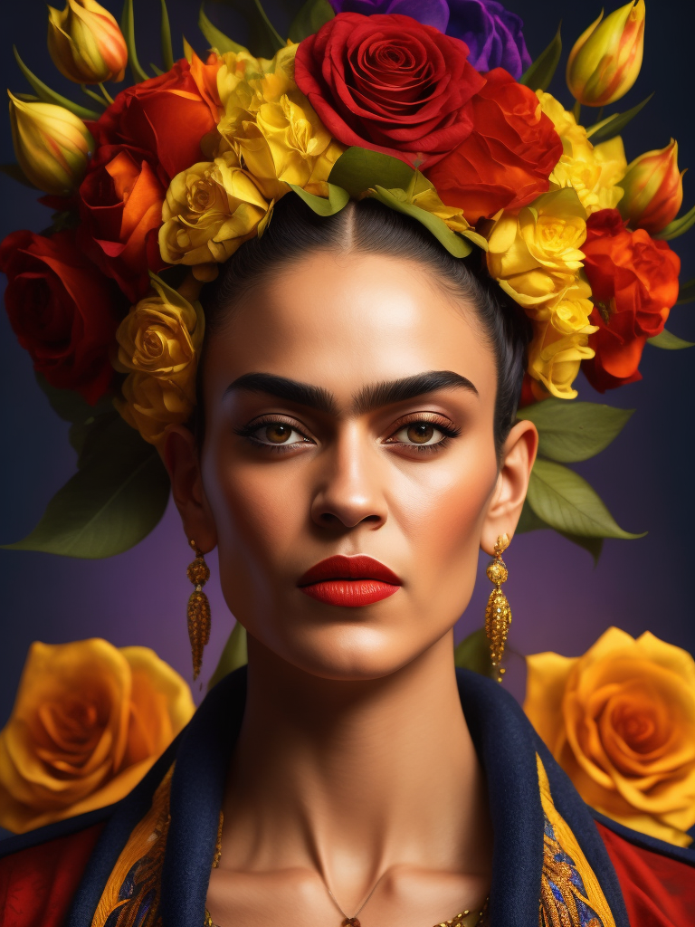 Portrait of Frida Kahlo, bright and saturated colors, elegant, highly detailed, vogue, fashion magazine, sharp focus, bright expressive makeup, dramatic lighting, depth of field, incredibly high detailed, blurred background