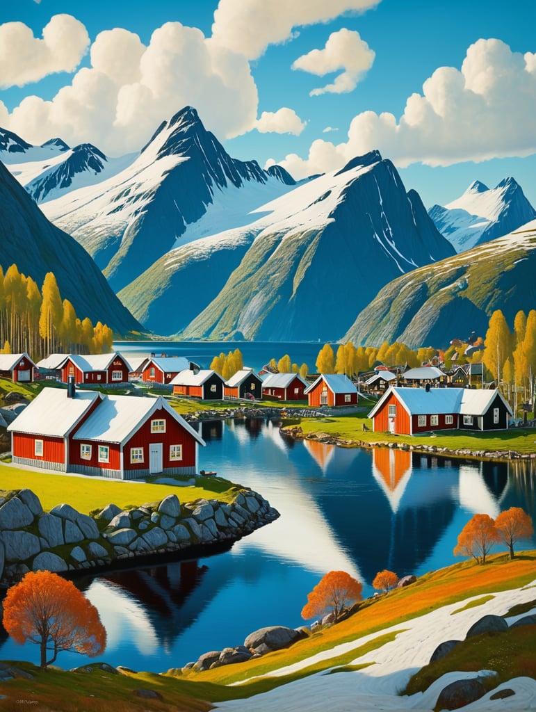 A Norwegian village next to a lake, with large mountains with snowy tops in the background, style of Nikolai Astrup