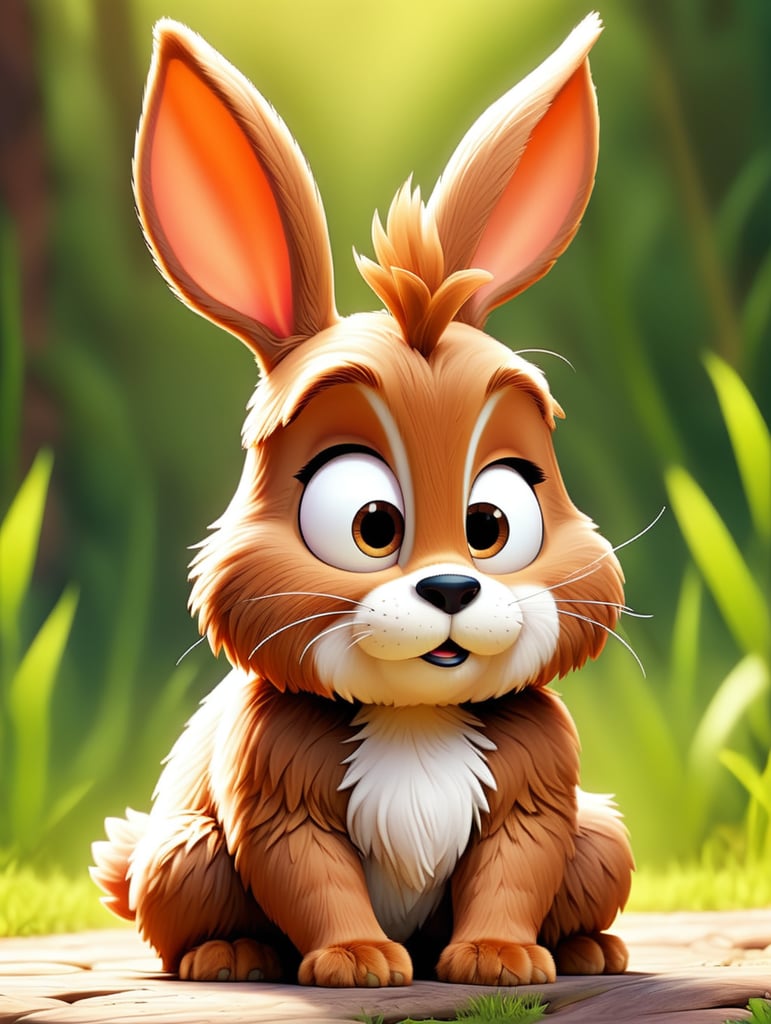 brown fluffy rabbit, cartoon, comic style