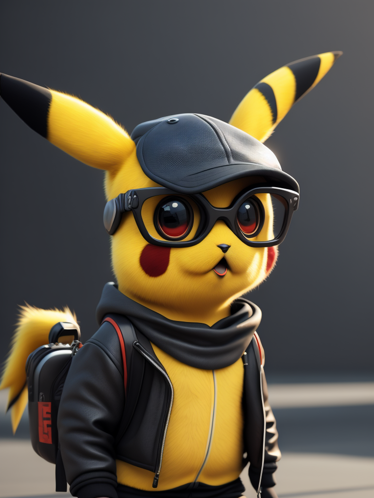 cute stylish Pikachu dressed in stylish futuristic sportswear clothes, big sneakers and a futuristic glasses