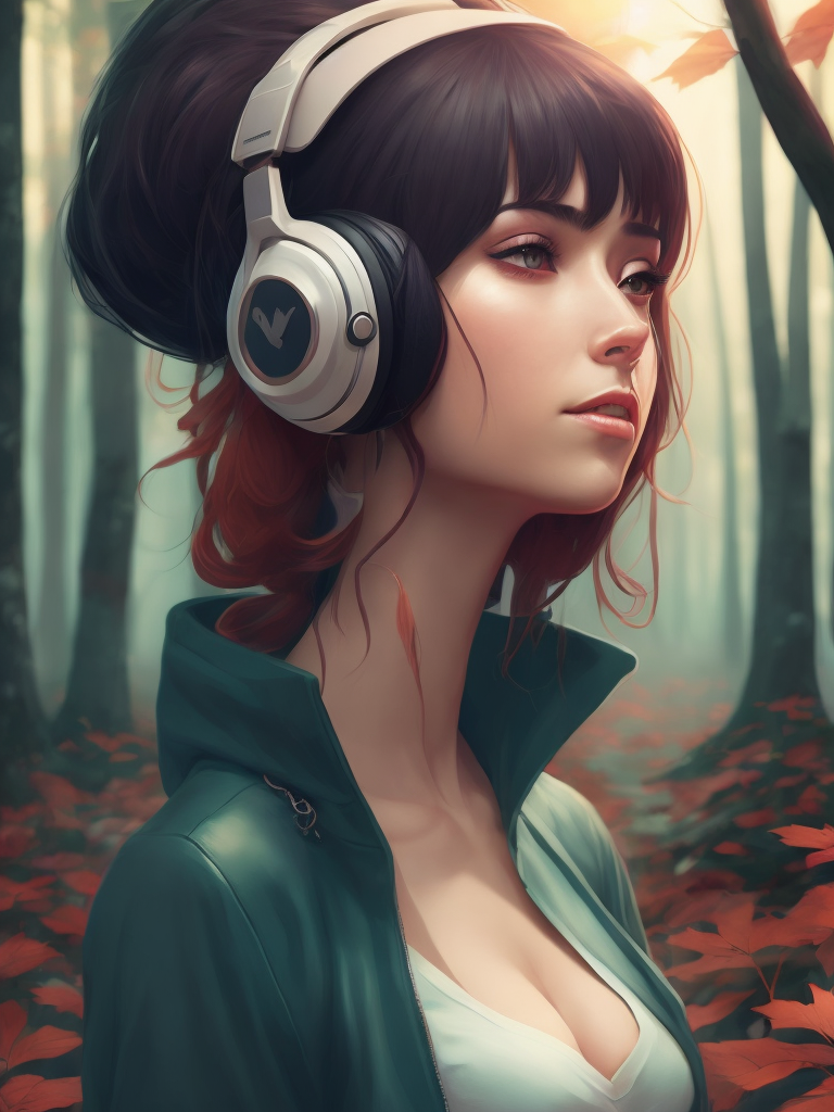 Beautiful girl listening to relaxing music with her headphones that takes her to a surreal forest, art by ilya kuvshinov and wlop, intricate, sharp focus, trending on artstation