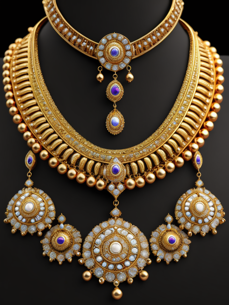 Gold jewelry, gold necklace, full view, india style, center, no neck, no pendant, bright color, white background, realistic, high resolution, highly details
