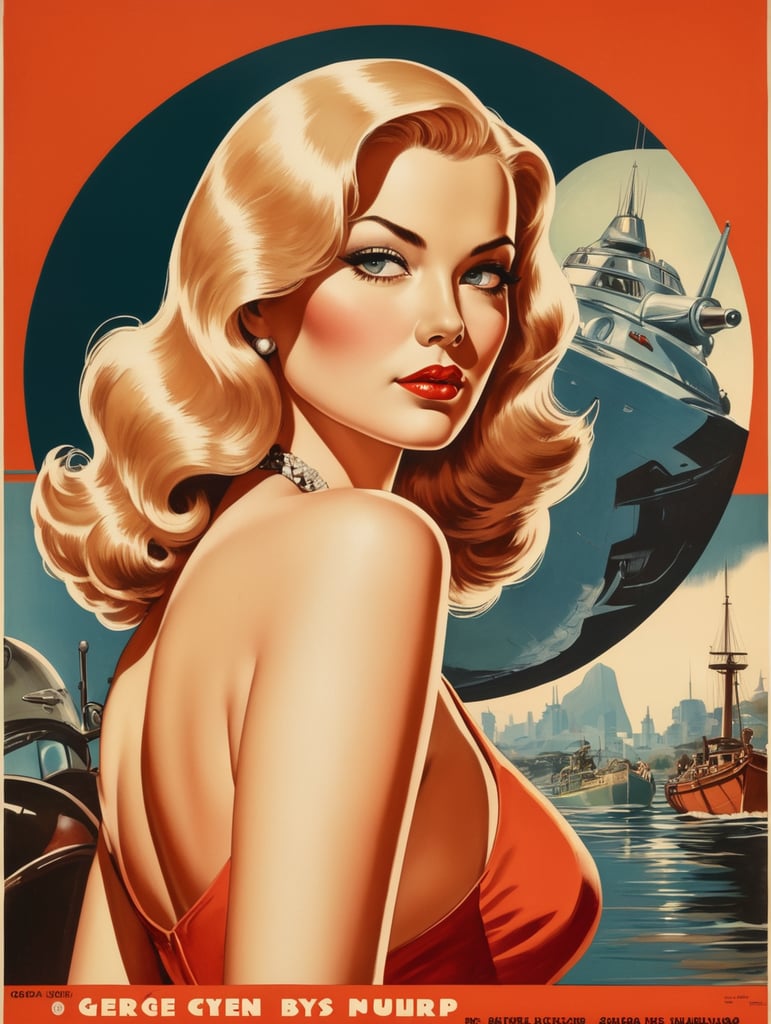 This artwork of a women by George Wilson is an eye-catching poster-style drawing and illustration representing the iconic pulp style.
