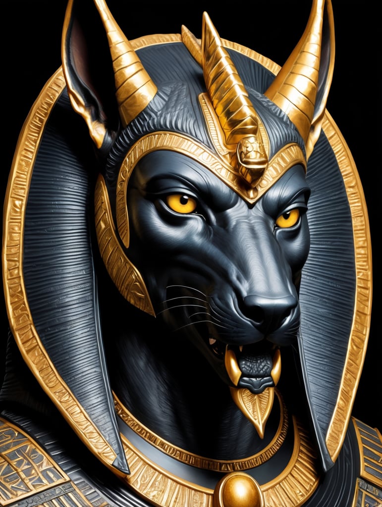 Egyptian god Anubis, portrait, hyper-realistic, dark style, focus on face, sharp on details, black background