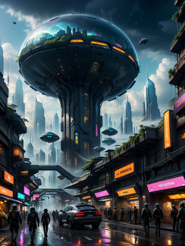 Generate a vivid and immersive exterior environment for the game 'Volvrant.' Picture a futuristic cityscape with towering skyscrapers that pierce the clouds, adorned with holographic billboards and dynamic lights. The air is filled with a blend of neon glows and subtle hums from hovering vehicles. Below, bustling streets are crowded with diverse characters, each with their unique attire and augmented reality interfaces.As the player navigates through the urban labyrinth, reveal hidden alleyways and markets filled with exotic goods. The architecture seamlessly blends sleek modern design with remnants of an ancient civilization, creating a juxtaposition of the old and the new. The sky above is a canvas of advanced transportation systems, featuring sleek aircraft and mesmerizing floating platforms.Weather effects add an extra layer of sporadic rain showers create shimmering reflections on the gleaming surfaces, while occasional gusts of wind sway the futuristic vegetation and cause holographic displays