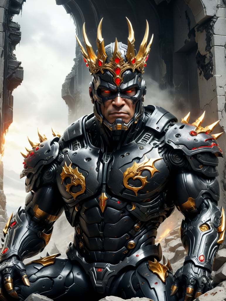 An extremely muscular cyborg. Wearing black like crysis armor, he sits on a broken and cracked stone throne. He has a golden crown on his head. Their eyes are just white, they have no pupils. behind it is a destroyed white wall.