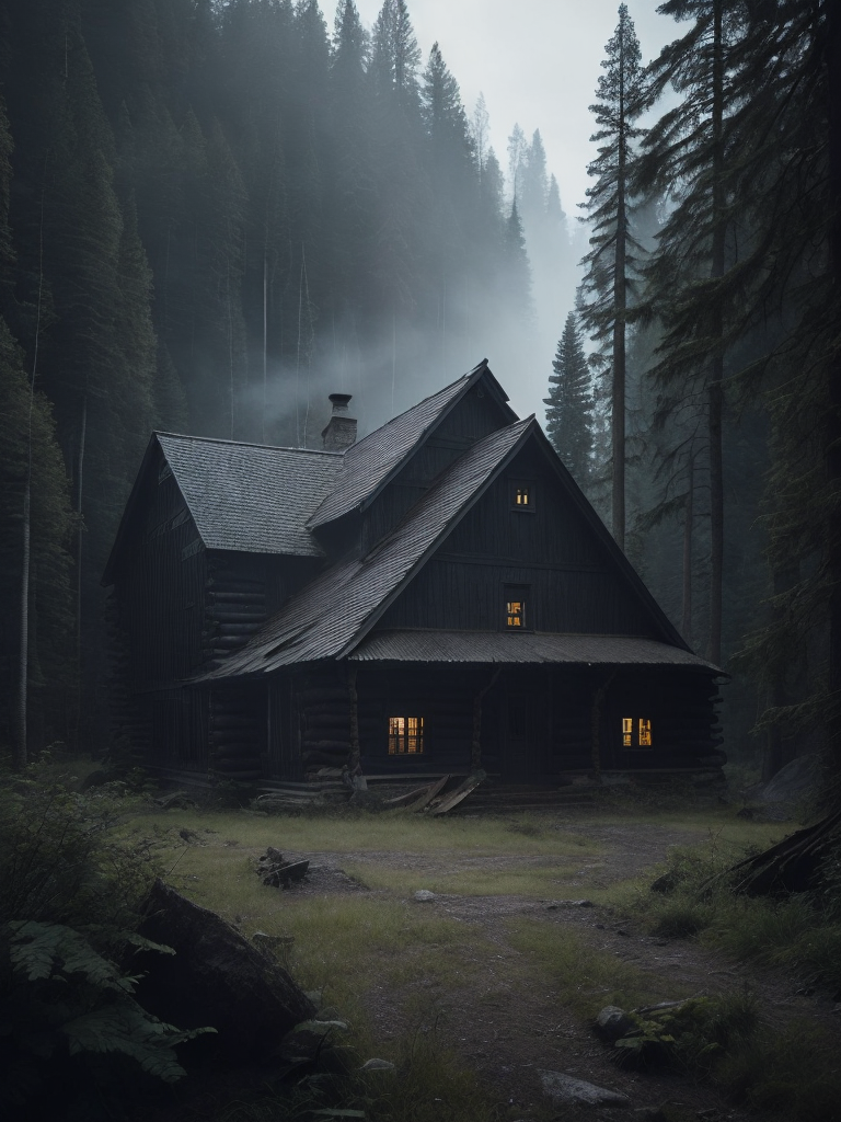 Cabin in the woods with forest ire in the background and smoke