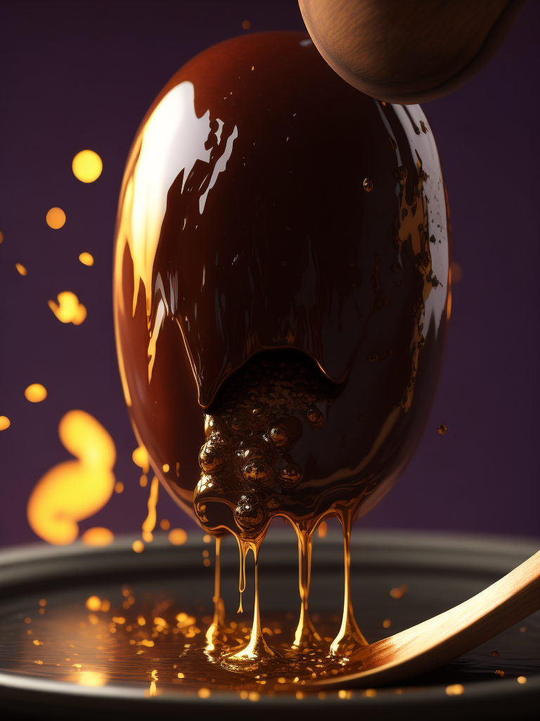 a photo of honey from the wooden spoon going down on the melted chocolate, deep purple background, deep atmosphere