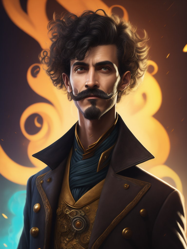 Steampunk man with a curly mustache with swirls of color behind him