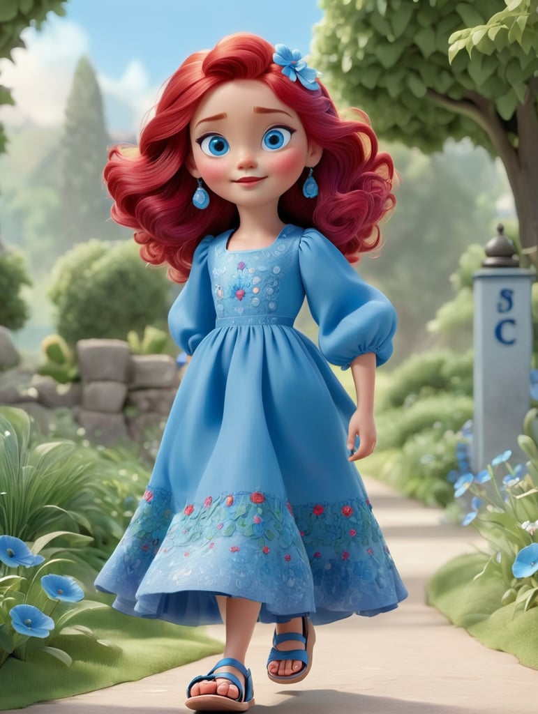 Crimson hair and blue eyes and light lips and soft face and wearing a blue frock reaching till her kness and light sandals and good shapped full body
