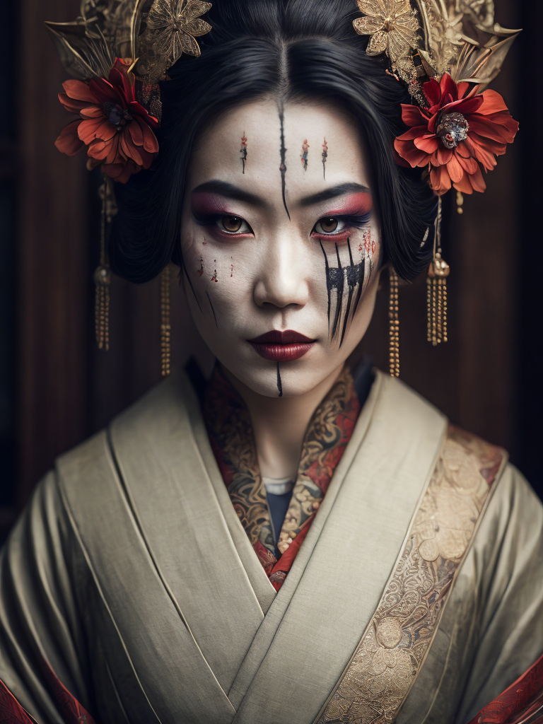 Portrait art of undead geisha, detailed, intricate, full of colour, cinematic lighting, focused, extreme details, cinematic, masterpiece