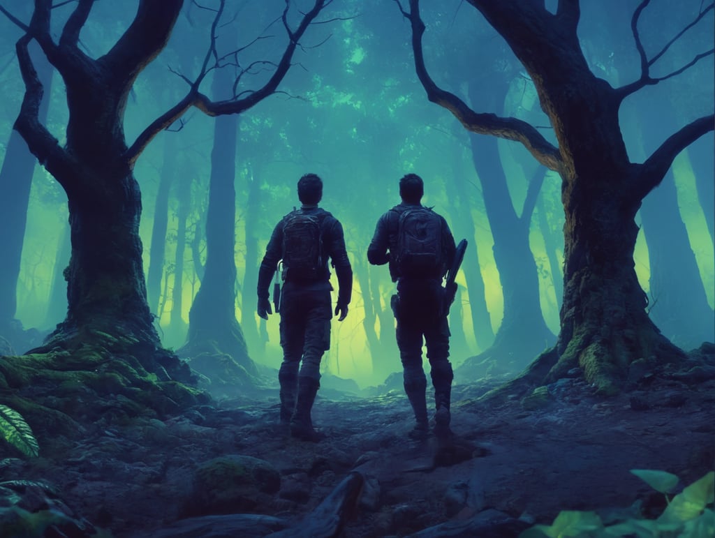 Using only the colors in the reference image, create a landscape of an peaceful and relaxing glowing forest with a single human exploring