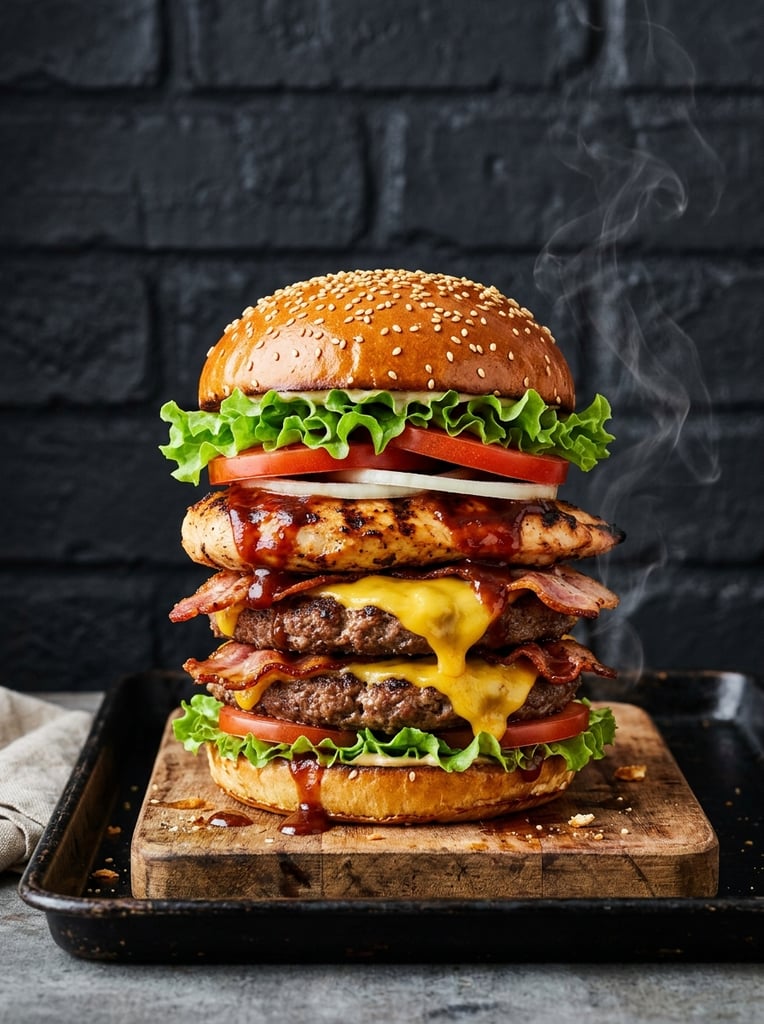 A towering, multi-layered burger stands centered against a dark charcoal brick wall. The glossy sesame seed bun crowns vibrant ruffled lettuce, bright red tomatoes, and crisp white onions. The massive protein stack features a grill-marked chicken breast dripping with rich red sauce, two thick beef patties layered with crispy bacon strips, and melting yellow cheese. High-contrast commercial food photography emphasizes the appetizing glossy textures and delicate steam rising from the hot ingredients in sharp focus.